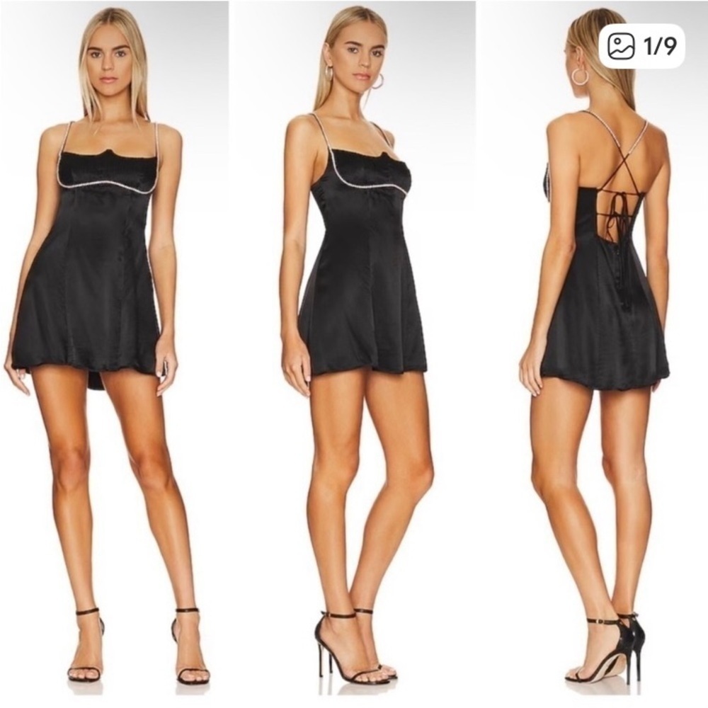 For Love & Lemons Elora black satin mini dress with rhinestone straps. NWT Small - Picture 2 of 9